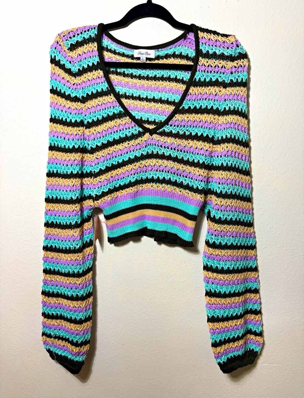 NWT Petal Dew Multicolor Striped Crochet Knit Sweater Size L Crop Boho Festival